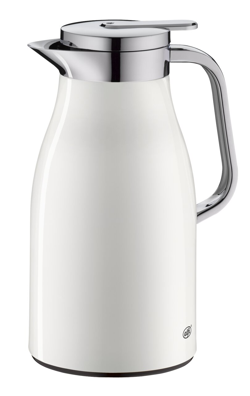 Alfi Isolierkanne SKYLINE Weiße Isolierkanne mit glänzendem Chromdeckel und -griff, seitliche Perspektive