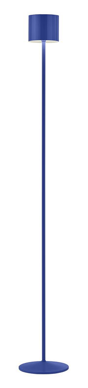 Blaue Akku-Stehleuchte in Frontalansicht mit rundem Lampenschirm und schlankem Standfuß.