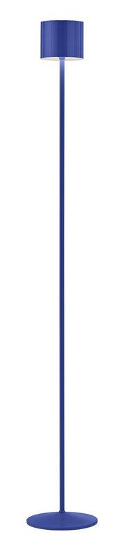 Blauwe staande lamp op accu, gezien van voren, met een ronde lampenkap en een slanke voet.