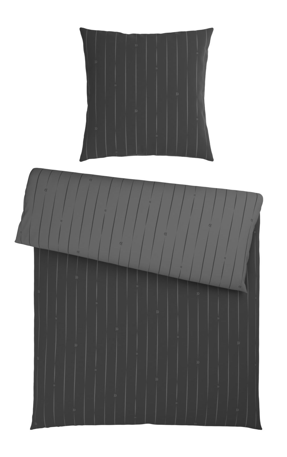 Dunkelgraue Wendebettwäsche mit feinen vertikalen Streifen, bestehend aus einem Kissenbezug und einem Bettdeckenbezug, aus der Vogelperspektive.