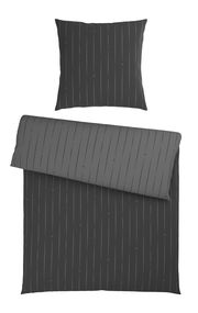 Dunkelgraue Wendebettwäsche mit feinen vertikalen Streifen, bestehend aus einem Kissenbezug und einem Bettdeckenbezug, aus der Vogelperspektive.