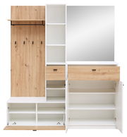 Kompaktgarderobe mit Holz- und Weißelementen, bestehend aus einem Spiegel, mehreren Regalen, Schubladen und Haken, frontal betrachtet.