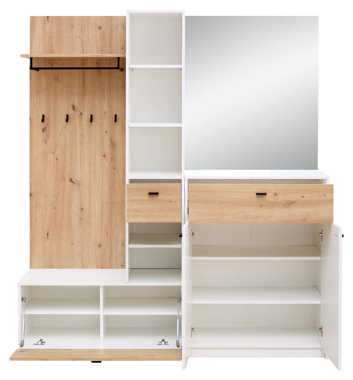 Kompaktgarderobe mit Holz- und Weißelementen, bestehend aus einem Spiegel, mehreren Regalen, Schubladen und Haken, frontal betrachtet.