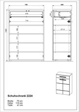 Technische Zeichnung eines Schuhschranks mit den Maßen: Breite 75 cm, Höhe 110 cm, Tiefe 41 cm. Frontale und seitliche Ansicht.