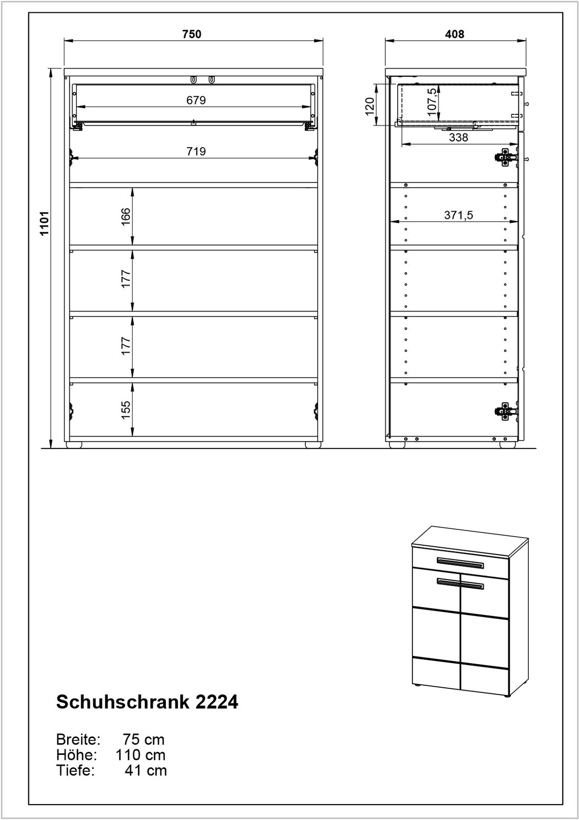 Technische Zeichnung eines Schuhschranks mit den Maßen: Breite 75 cm, Höhe 110 cm, Tiefe 41 cm. Frontale und seitliche Ansicht.