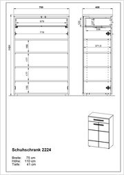 Technische Zeichnung eines Schuhschranks mit den Maßen: Breite 75 cm, Höhe 110 cm, Tiefe 41 cm. Frontale und seitliche Ansicht.