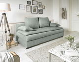Graues Funktionssofa in einem modernen Wohnzimmer, seitliche Perspektive
