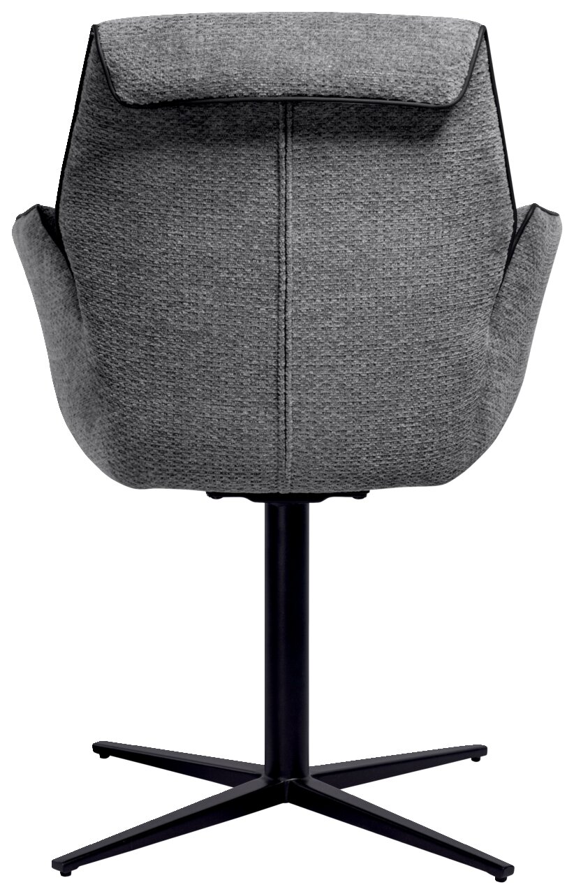 Rückansicht eines grauen Armlehnstuhls mit schwarzem Metallfuß