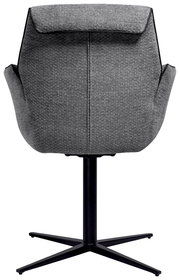 Rückansicht eines grauen Armlehnstuhls mit schwarzem Metallfuß