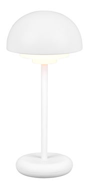 Moderne weiße Akku-Tischleuchte Elliot mit rundem Schirm und schlankem Standfuß, seitliche Perspektive