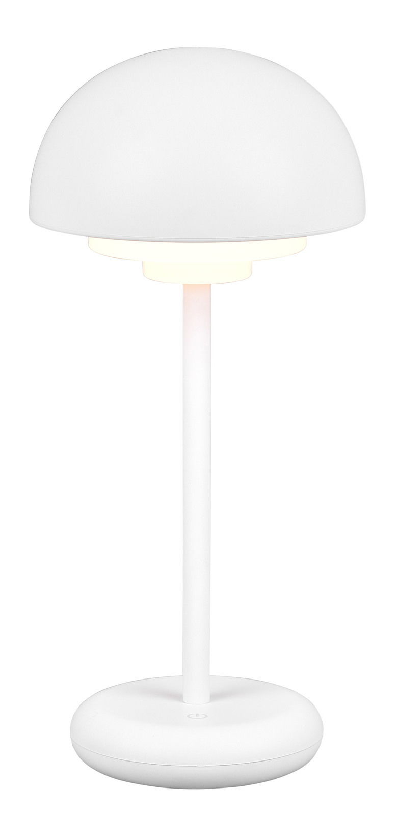 Moderne weiße Akku-Tischleuchte Elliot mit rundem Schirm und schlankem Standfuß, seitliche Perspektive