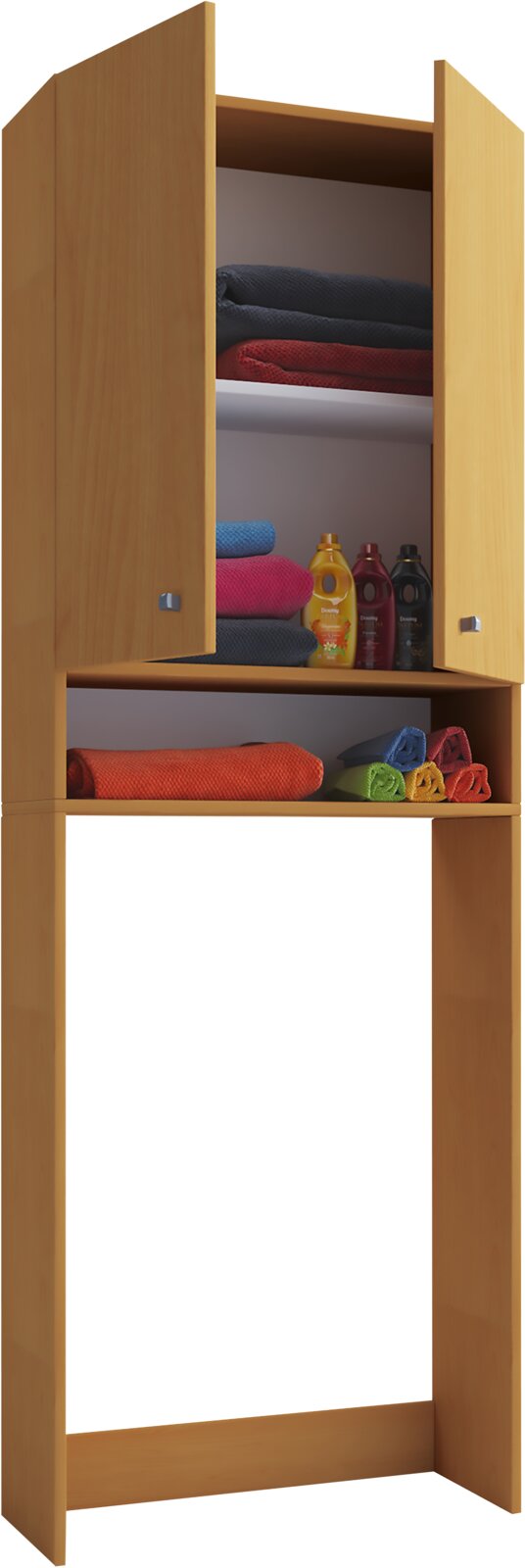 VCM Waschmaschinenschrank LONA Offener Badezimmer-Hängeschrank aus hellem Holz über einem offenen Untergestell, mit Regalböden, Handtüchern und Pflegeflaschen; Ansicht schräg von vorn