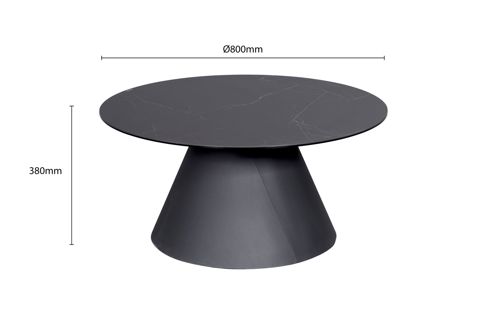Runder Couchtisch mit schwarzer Marmoroptik und konischem Fuß, seitliche Perspektive