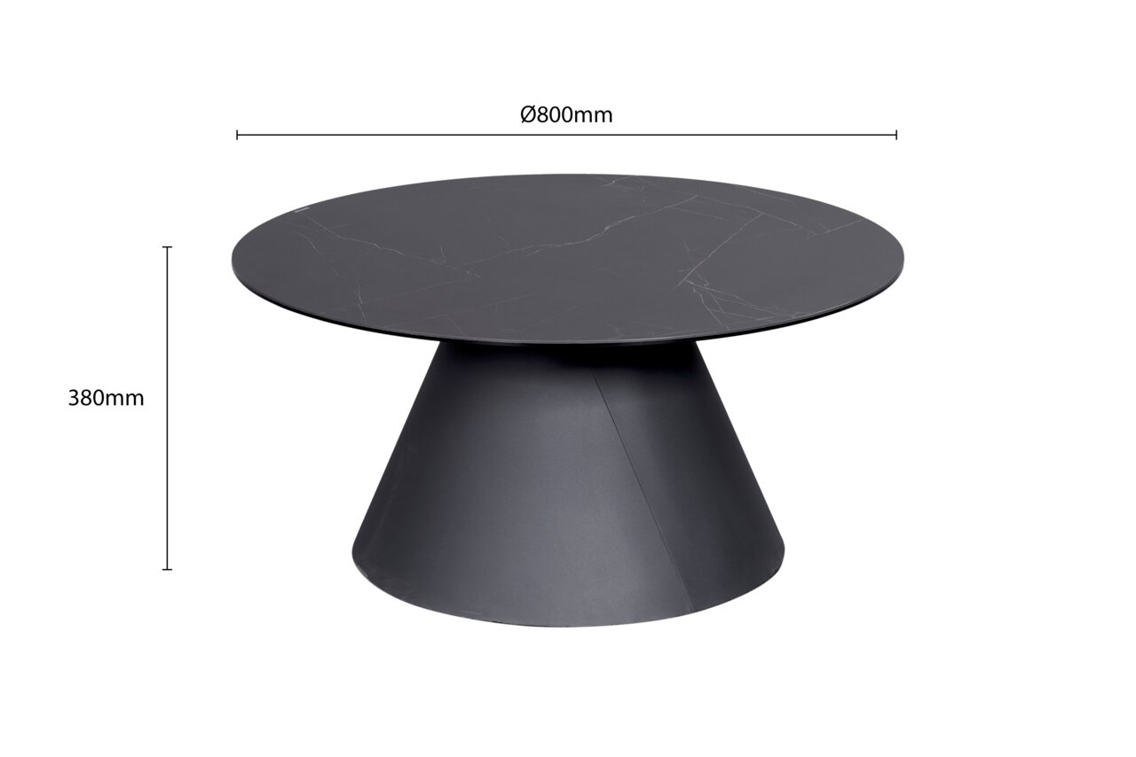 Novel Couchtisch COMO Runder Couchtisch mit schwarzer Marmoroptik und konischem Fuß, seitliche Perspektive