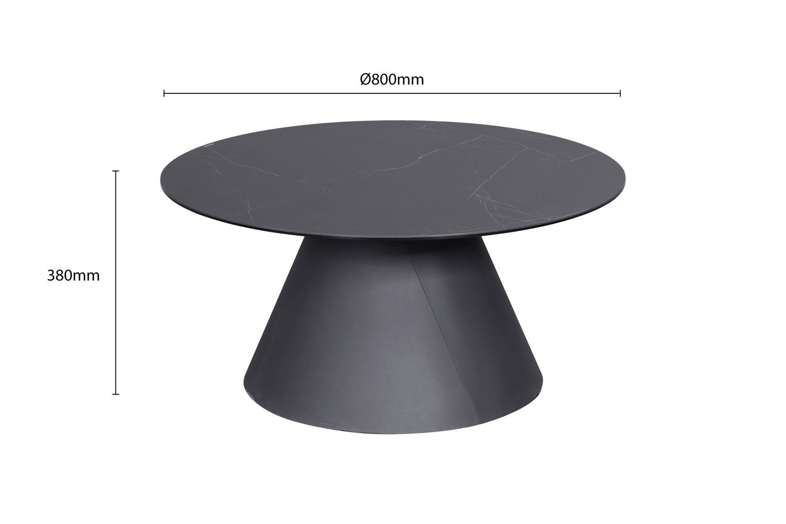 Runder Couchtisch mit schwarzer Marmoroptik und konischem Fuß, seitliche Perspektive