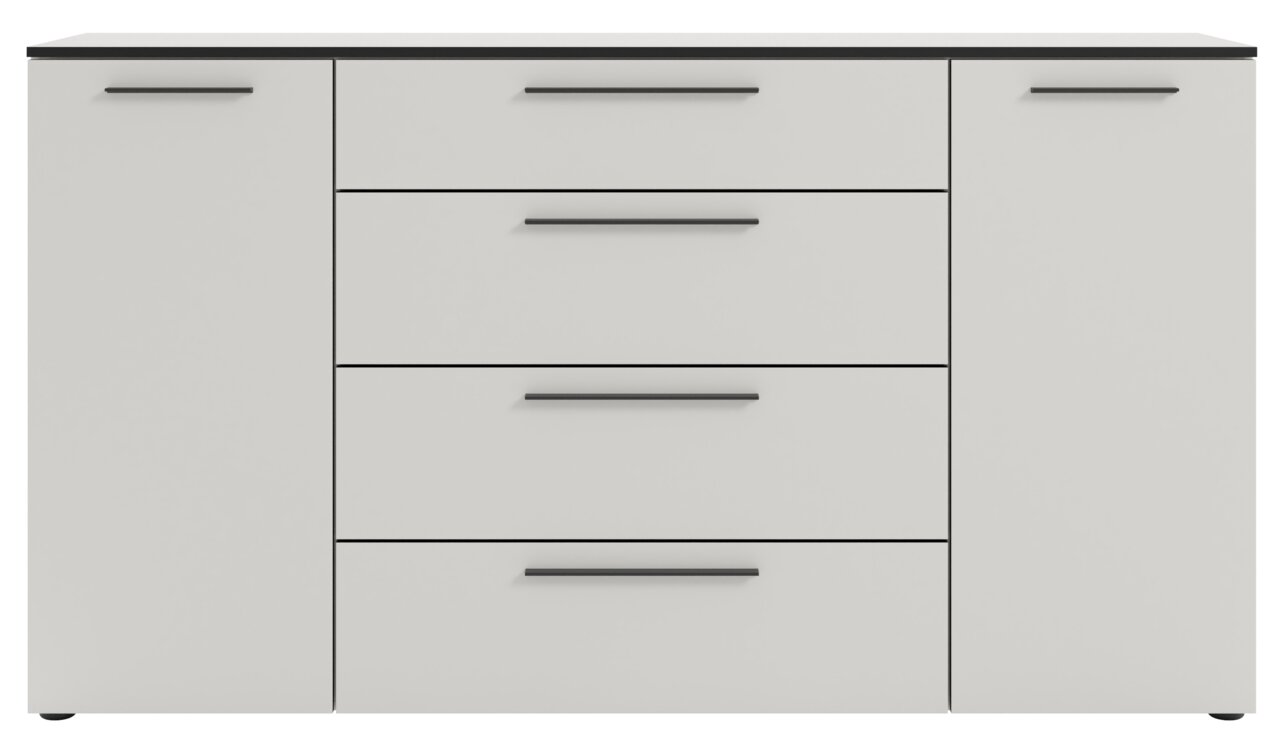 Vooraanzicht van een modern XL-dressoir met twee deuren en drie lades in een strak ontwerp.