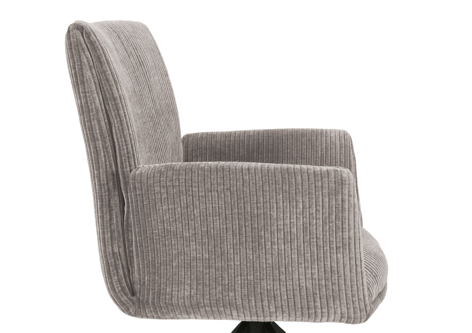 Seitenansicht eines grauen Armlehnstuhls mit geripptem Stoffbezug