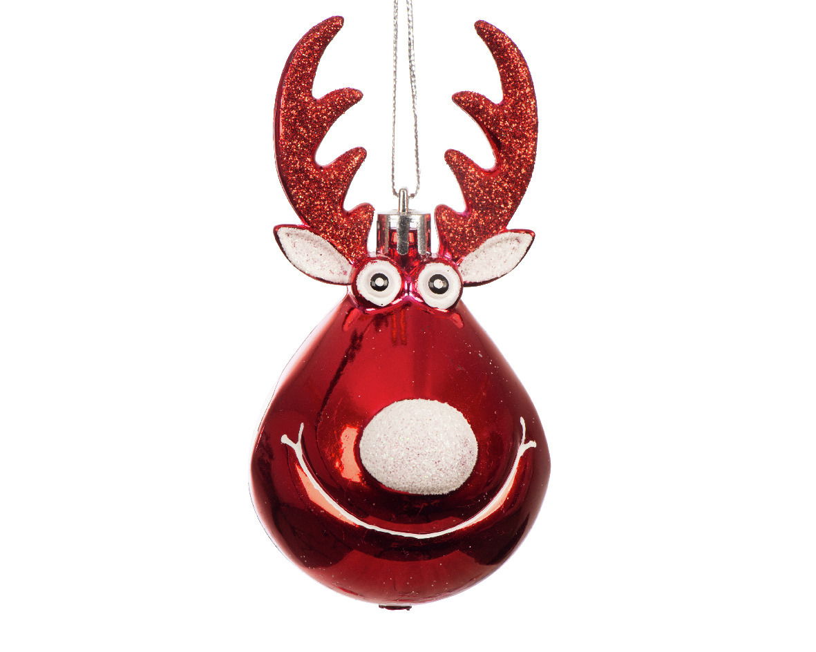 Rote Weihnachtsbaumkugel in Form eines Rentiers mit glitzernden Geweihen, frontal betrachtet.
