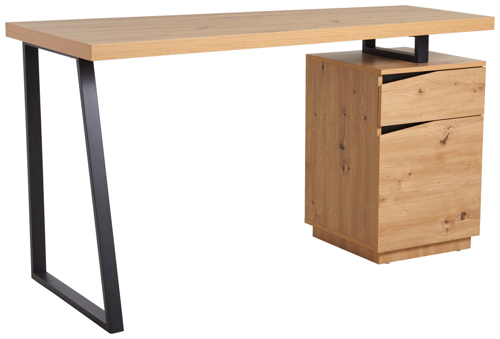 Moderner Schreibtisch aus Holz mit Metallgestell, seitliche Perspektive