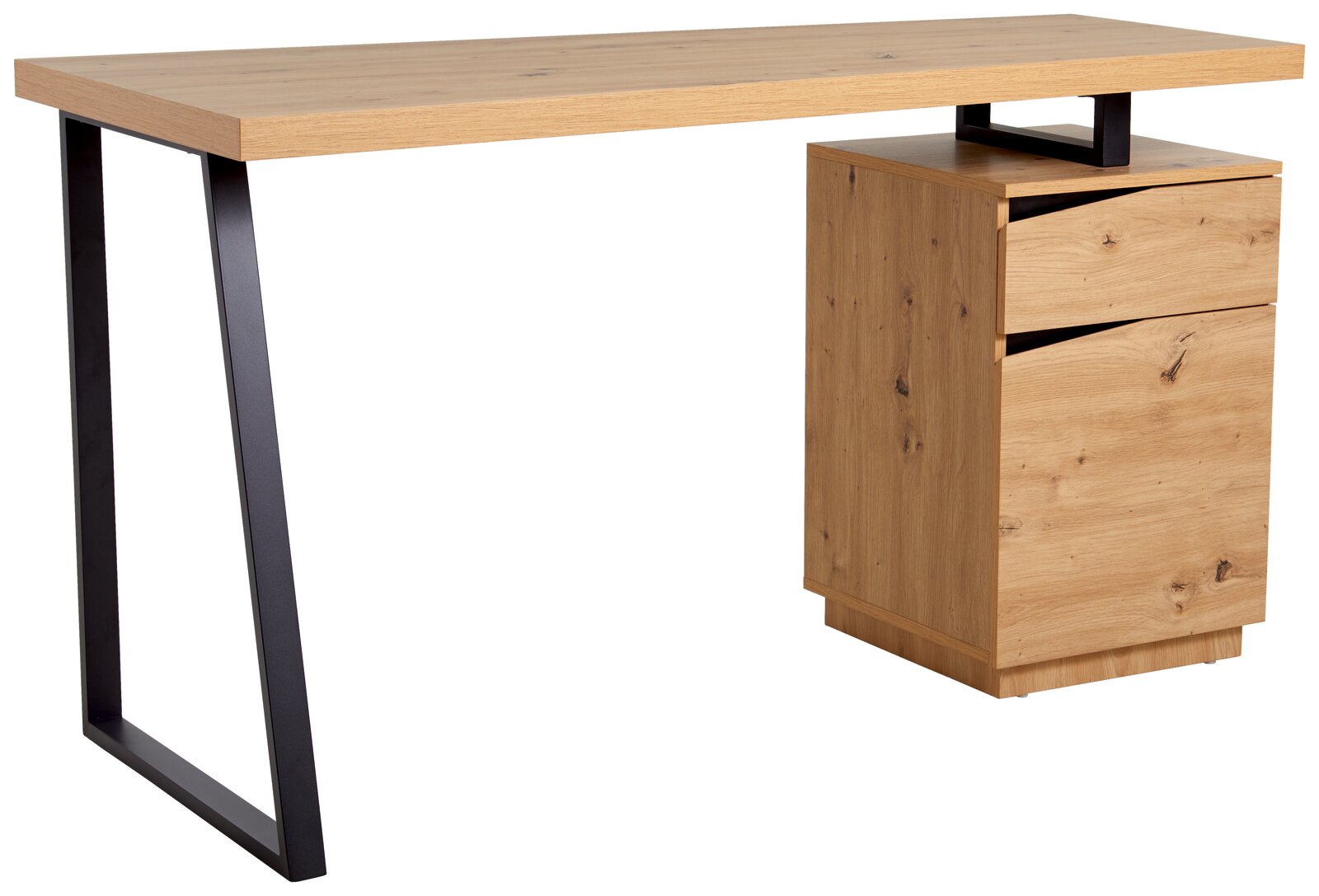 Moderner Schreibtisch aus Holz mit Metallgestell, seitliche Perspektive