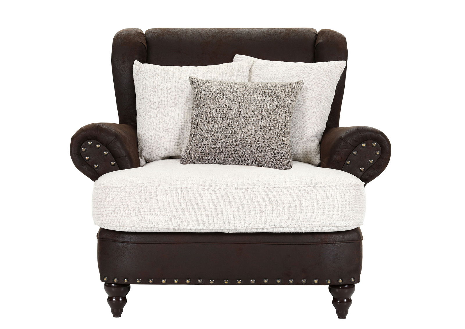 Vorderansicht eines Megaohrensessels mit braunem Leder und weißen Kissen.