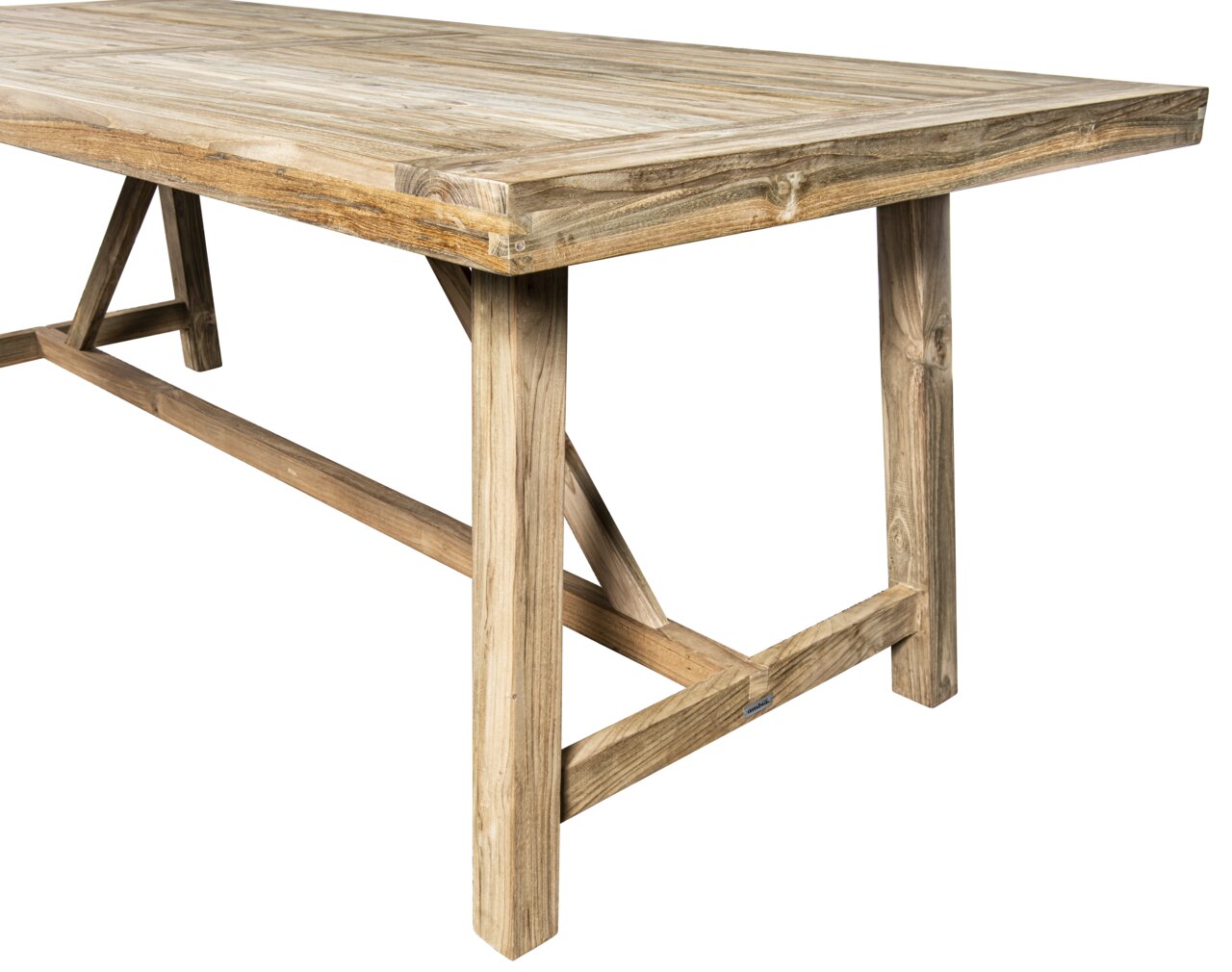 Houten tuintafel gezien vanaf de zijkant, met stevige poten en een natuurlijke houtnerf