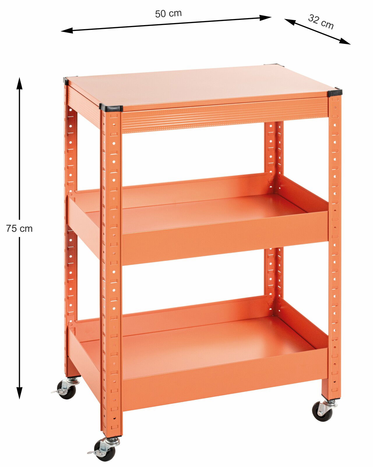 Oranger Servierwagen mit drei Ebenen und Rollen, seitliche Perspektive