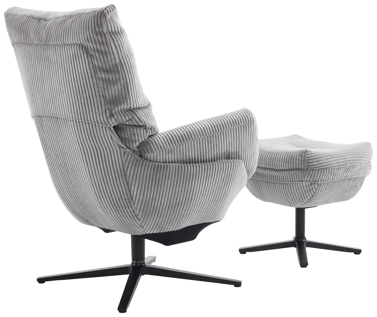 Rückansicht eines grauen Relaxsessels mit Hocker, beide mit einem modernen, gerippten Stoffbezug und schwarzen Metallfüßen.