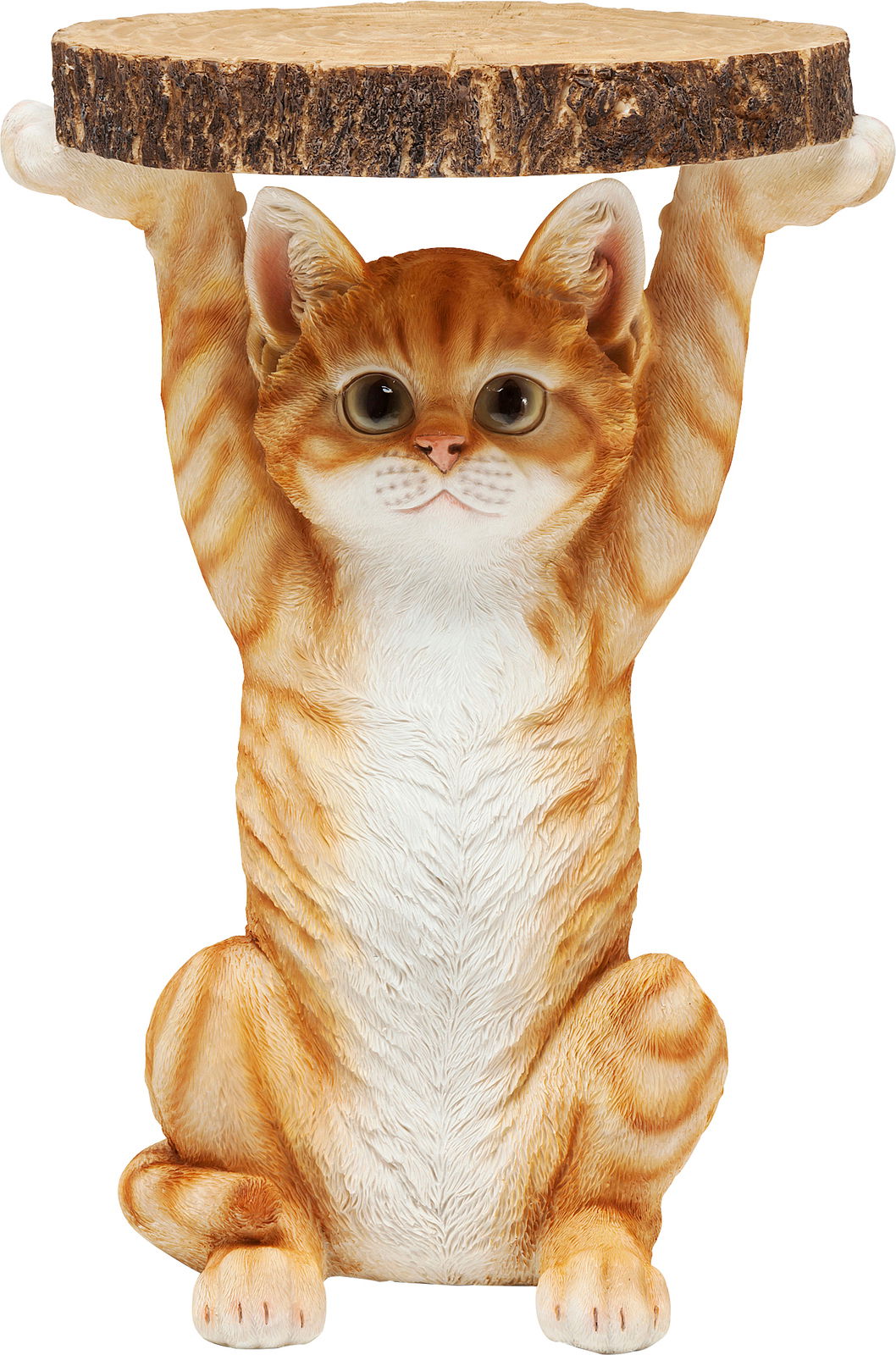 Beistelltisch in Form einer sitzenden Katze mit erhobenen Pfoten, die eine runde Holzplatte hält, Frontalansicht