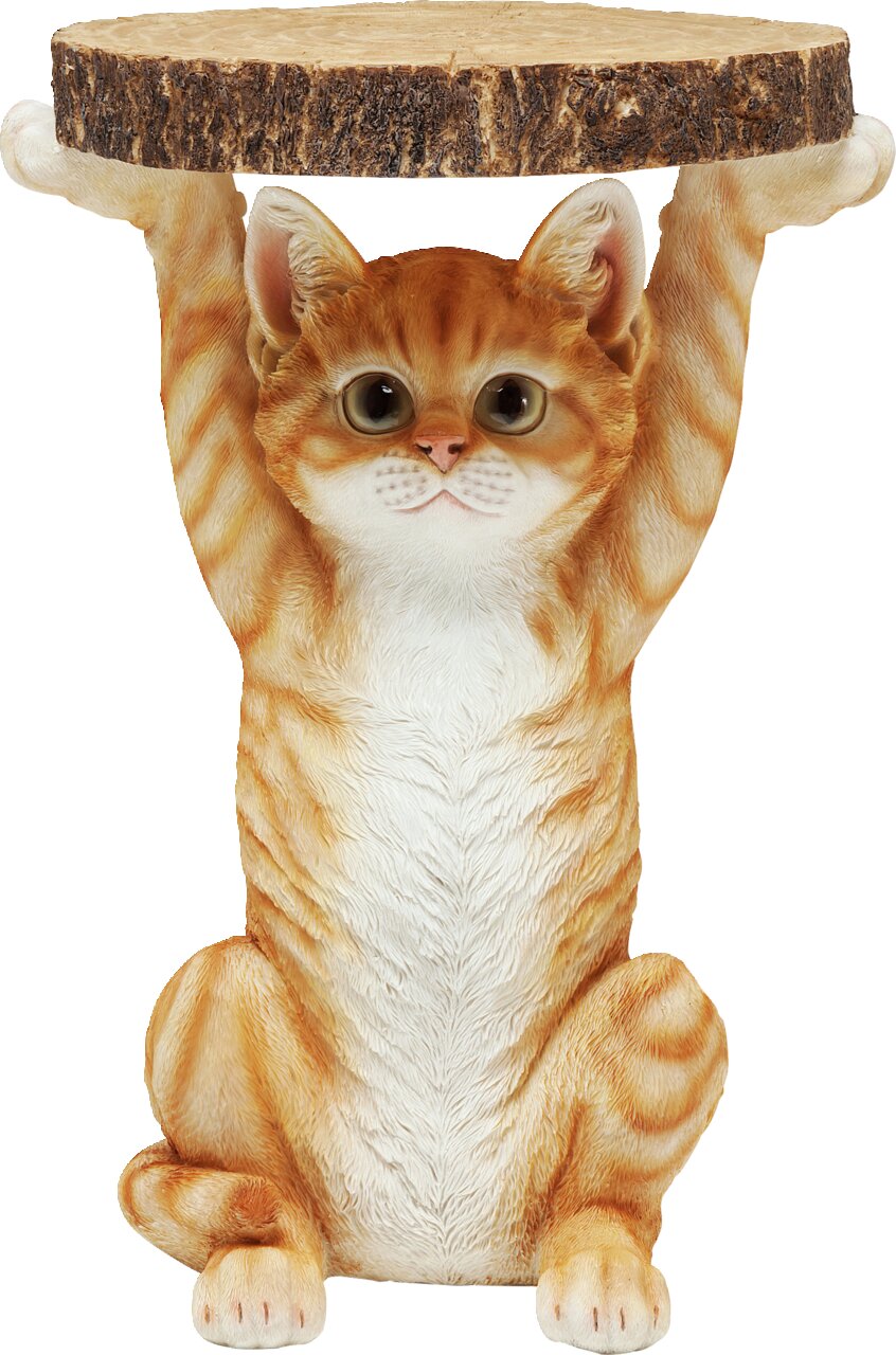 Beistelltisch in Form einer sitzenden Katze mit erhobenen Pfoten, die eine runde Holzplatte hält, Frontalansicht