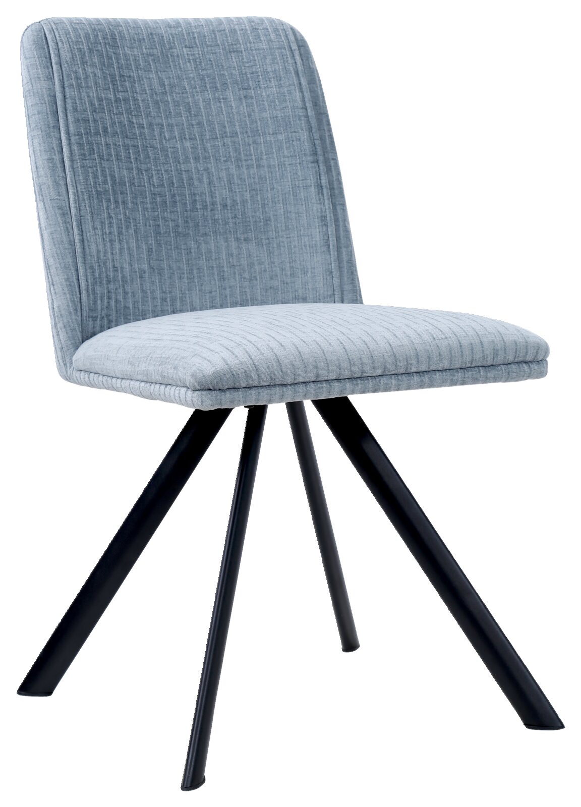 Moderner Stuhl mit hellblauem Stoffbezug und schwarzen Metallbeinen, seitliche Perspektive
