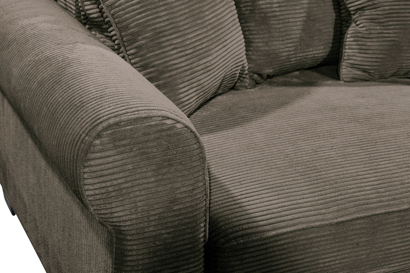 Nahaufnahme eines Funktionssofas mit geripptem Stoffbezug in dunkler Farbe, seitliche Perspektive auf die Armlehne und Sitzfläche.