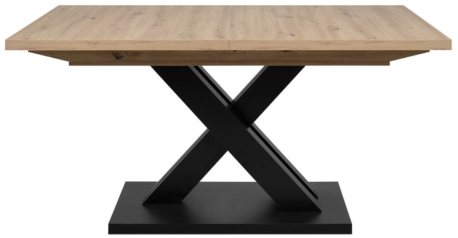 Moderner Esstisch mit Holzplatte und schwarzem X-förmigem Metallgestell, Frontalansicht.