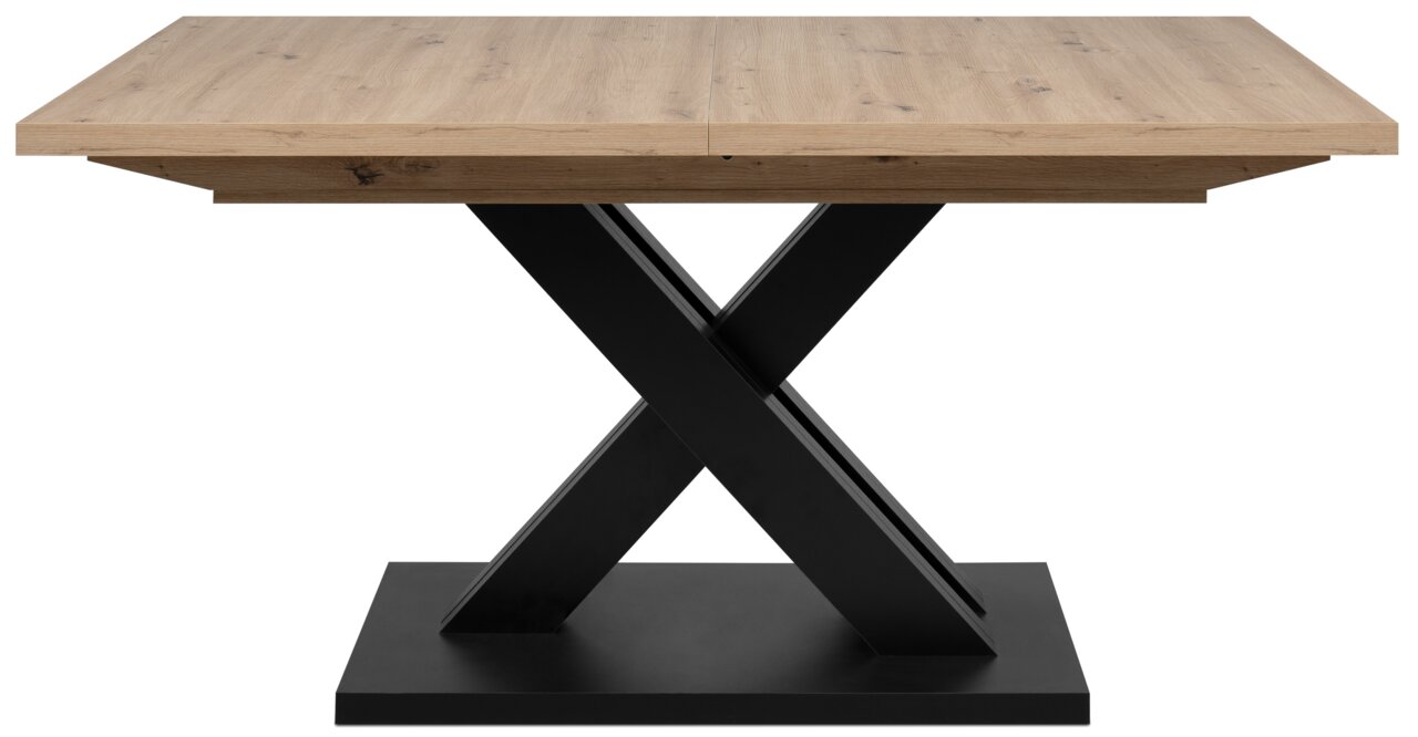 Moderner Esstisch mit Holzplatte und schwarzem X-förmigem Metallgestell, Frontalansicht.