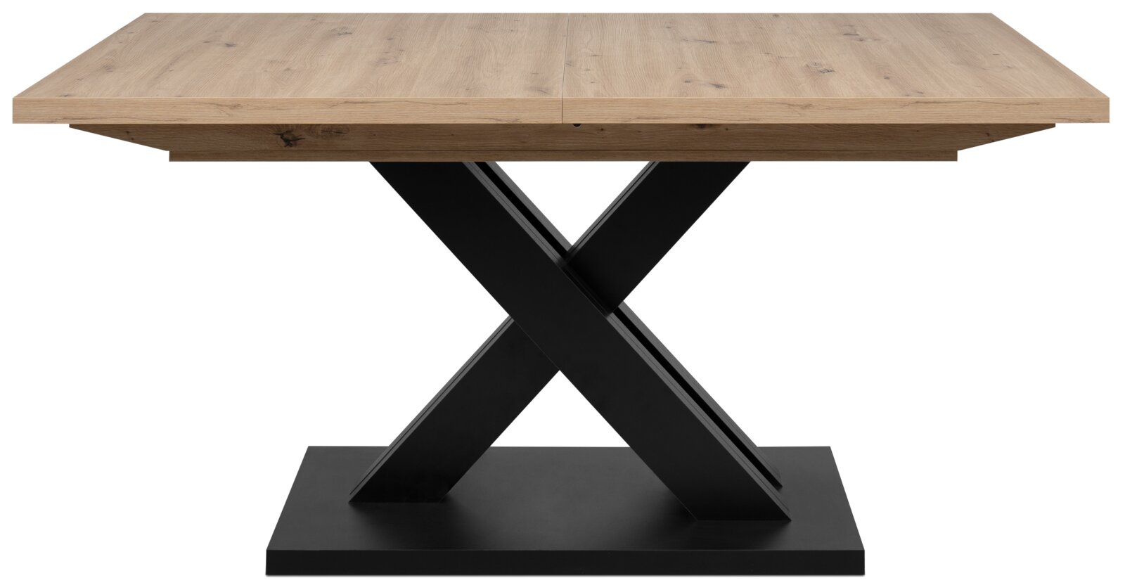 Moderner Esstisch mit Holzplatte und schwarzem X-förmigem Metallgestell, Frontalansicht.