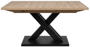 Moderner Esstisch mit Holzplatte und schwarzem X-förmigem Metallgestell, Frontalansicht.