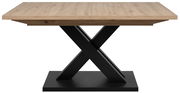 Moderner Esstisch mit Holzplatte und schwarzem X-förmigem Metallgestell, Frontalansicht.