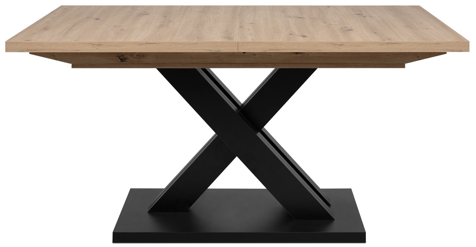 Moderner Esstisch mit Holzplatte und schwarzem X-förmigem Metallgestell, Frontalansicht.