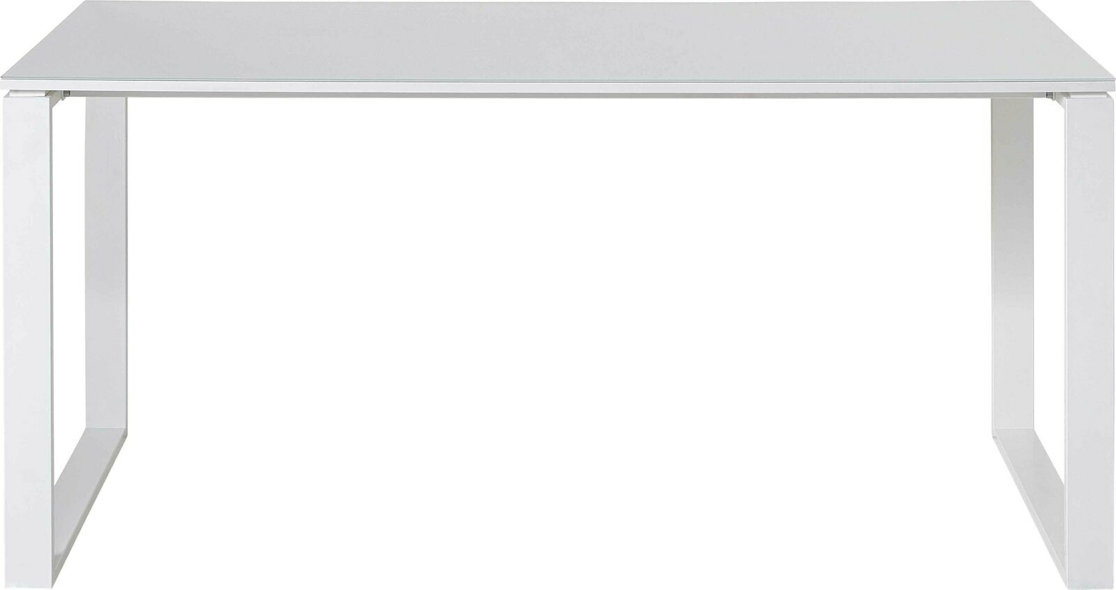 Moderner weißer Schreibtisch mit klaren Linien, frontal betrachtet.