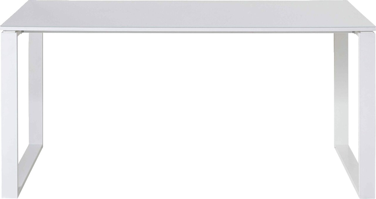 Moderner weißer Schreibtisch mit klaren Linien, frontal betrachtet.