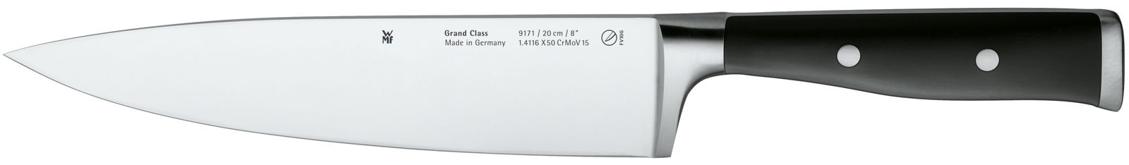 Küchenmesser aus der Seitenperspektive mit schwarzem Griff und Edelstahlklinge, Grand Class Serie, 20 cm