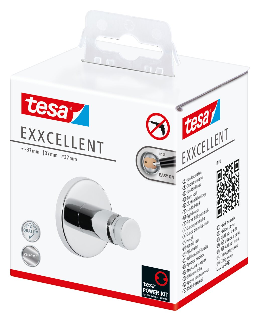 Verpackung des tesa Exxcellent Handtuchhakens in schräger Perspektive, zeigt das Produktbild und die Markenlogos.