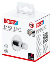 Verpackung des tesa Exxcellent Handtuchhakens in schräger Perspektive, zeigt das Produktbild und die Markenlogos.