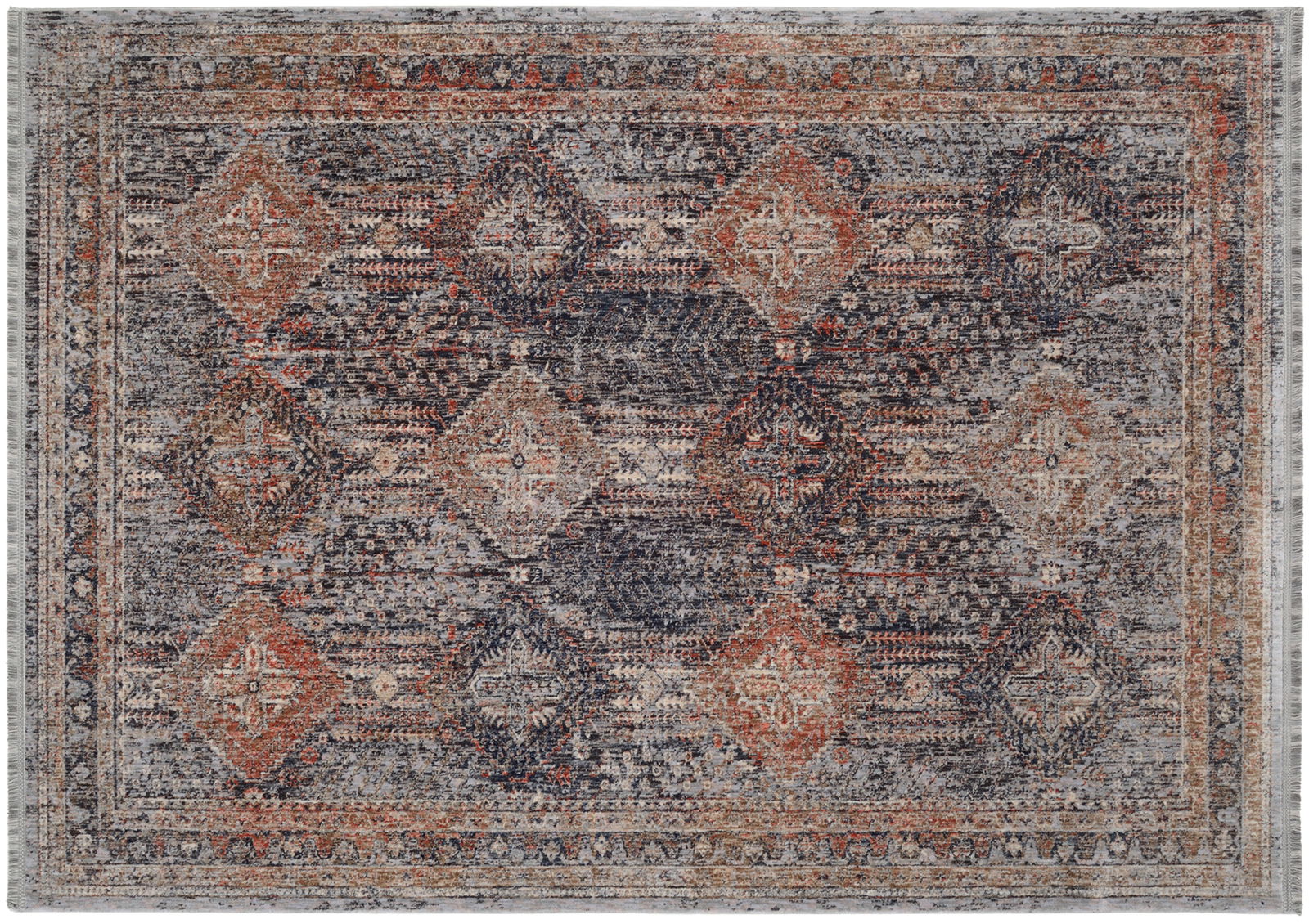 Frisé-Teppich mit orientalischem Muster in warmen Erdtönen, Draufsicht