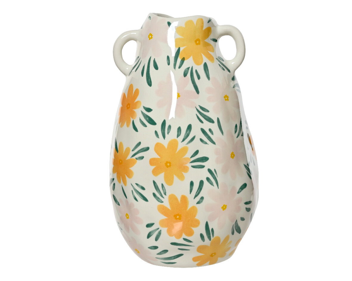 Keramikkrug mit gelbem und rosa Blumenmuster, seitliche Perspektive