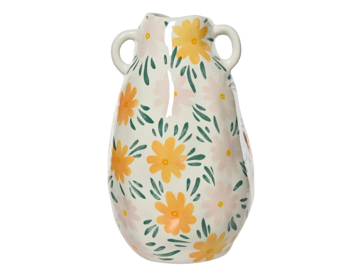 Keramikkrug mit gelbem und rosa Blumenmuster, seitliche Perspektive
