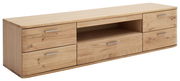 TV-Lowboard aus hellem Holz mit fünf Schubladen und einem offenen Fach, seitliche Perspektive