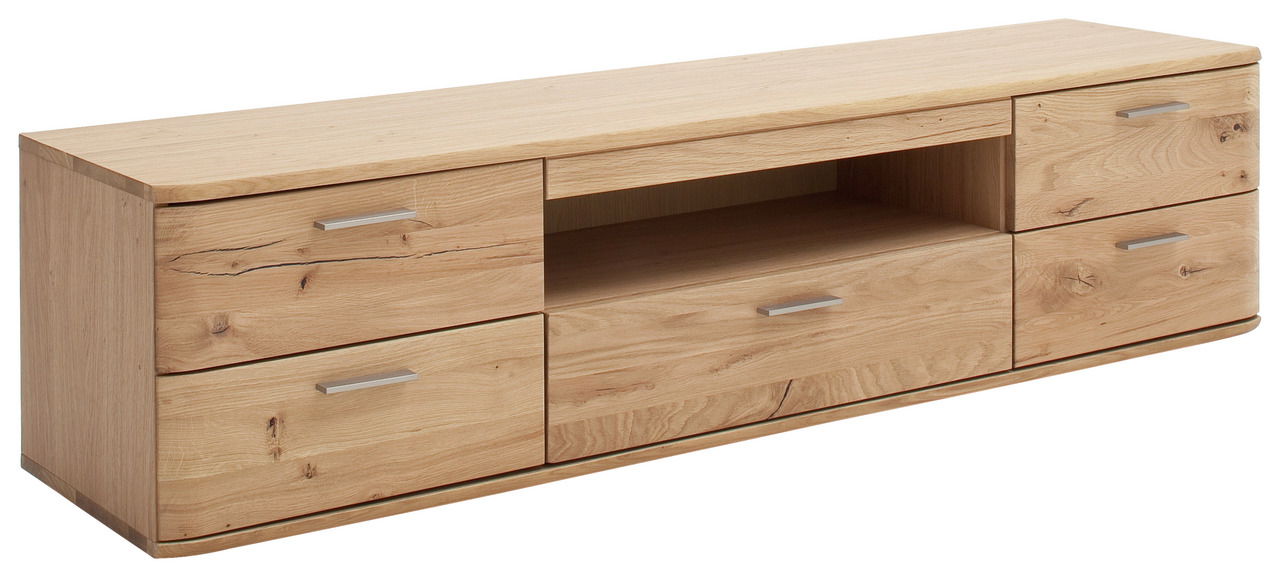 TV-Lowboard aus hellem Holz mit fünf Schubladen und einem offenen Fach, seitliche Perspektive