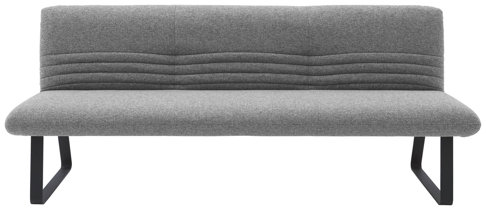 Graue Sitzbank mit gepolsterter Rückenlehne und modernen Metallbeinen, Frontalansicht