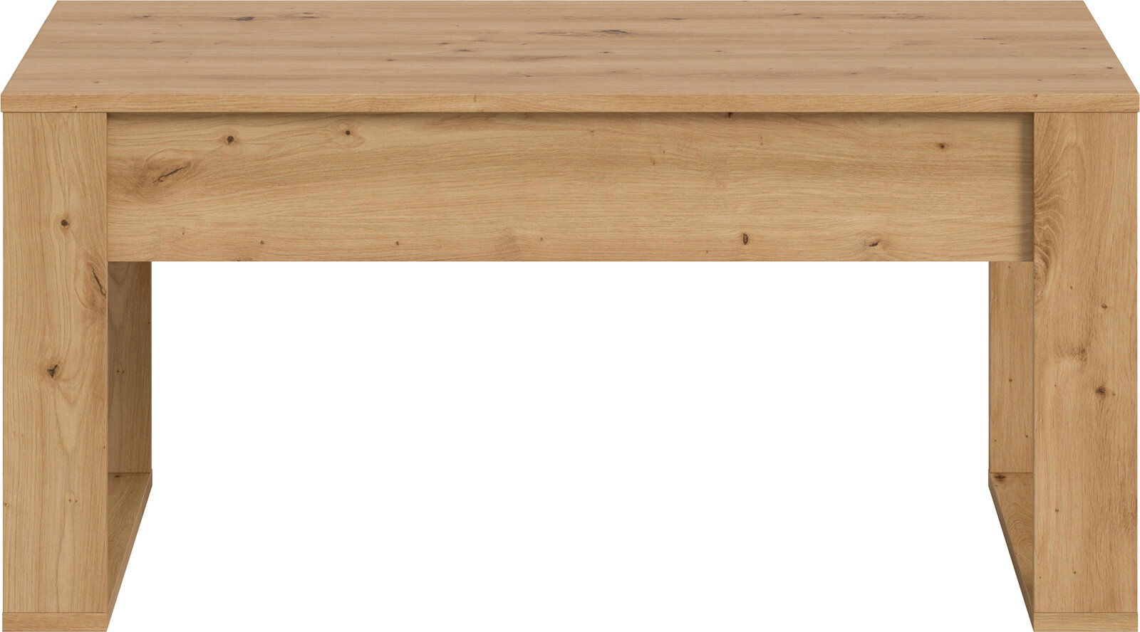 Massiver Holztisch in heller Eichenoptik mit breiten, blockförmigen Beinen und sichtbarer Maserung, frontal in leicht erhöhter Perspektive freigestellt auf weißem Hintergrund.